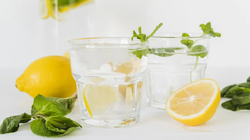 Gläser mit Wasser, Zitronenscheiben und Minze auf einem Tisch